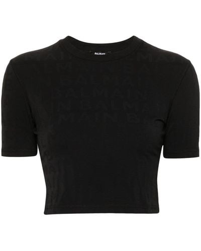 Balmain Embossed-logo Cropped T-shirt - Black