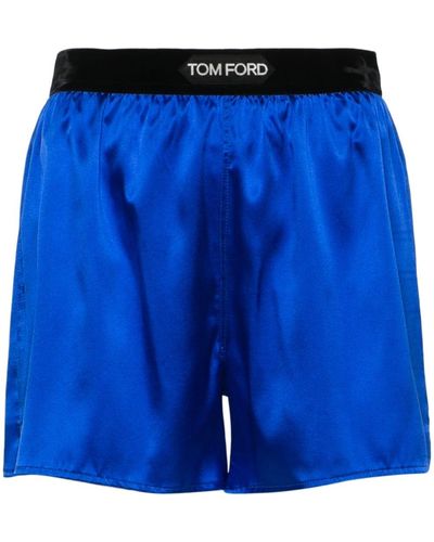 Tom Ford Logo-waistband satin shorts - Blau