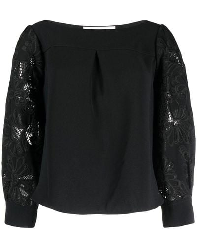 See By Chloé Floral Embroidered-sleeve Blouse - Black