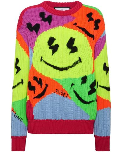 Philipp Plein Smile-intarsia Ribbed-knit Sweater - Green