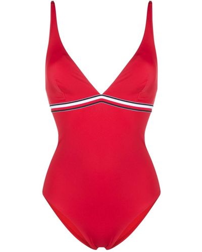 Tommy Hilfiger Striped V-neck Swimsuit - Red