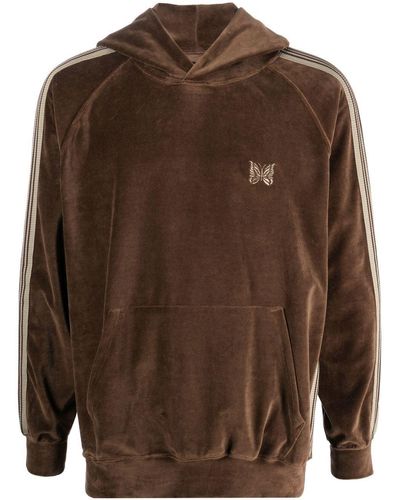 Needles Logo-embroidered Velour Hoodie - Brown