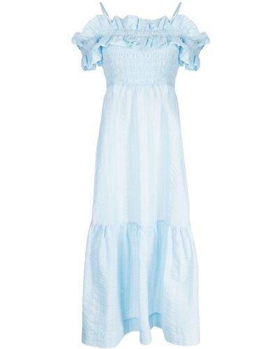 Ganni Ruffled-detail Midi Dress - Blue