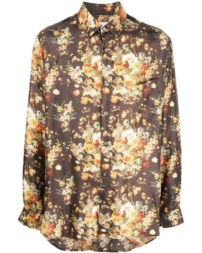Nanushka Floral Print Silk Shirt - Men's - Silk - Brown
