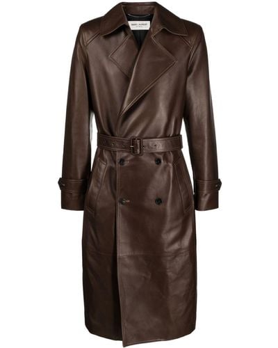 Saint Laurent Polished-finish double-breasted coat - Marrón