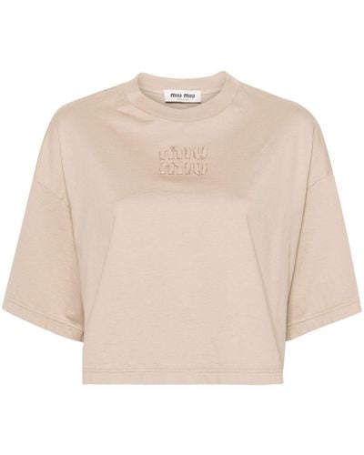 Miu Miu T-shirt crop con applicazione - Neutro