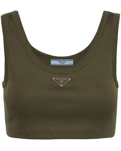 Prada Logo-plaque Cropped Slim-fit Cotton Tank Top - Green