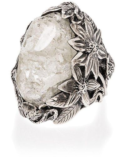 Lyly Erlandsson Winter Leaf Sterling Silver Crystal Ring - Metallic