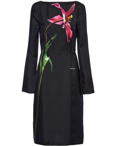 Prada Midi-jurk Met Bloemenprint - Zwart
