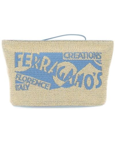 Ferragamo Logo-embroidered Raffia Make Up Bag - Blue