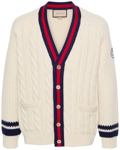 Gucci Cable Wool Knit Cardigan With Web - Natural