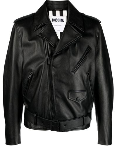 Moschino Logo-embroidered Leather Biker Jacket - Black