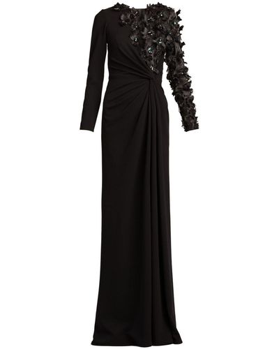 Tadashi Shoji Floral-appliqué Ruched Gown - Black