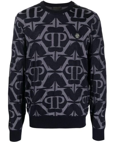 Philipp Plein Chrome Sweatshirt mit Intarsienmuster - Blau