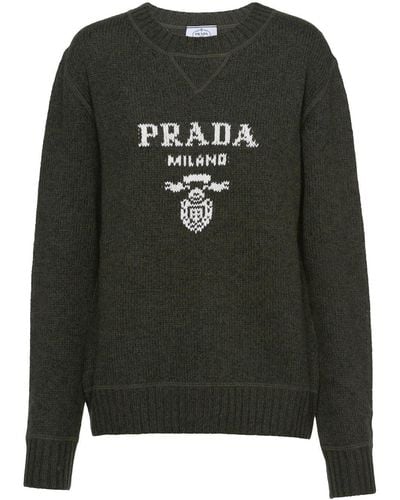 Prada Cashmere And Wool Logo Crewneck Jumper - Black