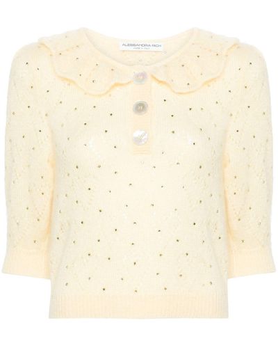 Alessandra Rich Rhinestoned Pointelle-knit Top - Natural