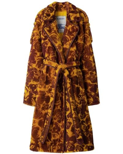Burberry Rose-print Shearling Trench Coat - ブラウン