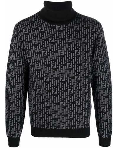 Fendi Ff-logo Intarsia-knit Roll Neck Sweater - Black