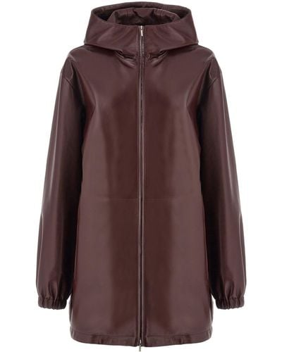 Ferragamo Zip-up Hooded Leather Jacket - Brown