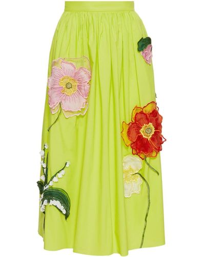 Oscar de la Renta Floral-appliqué Cotton Midi Skirt - Green