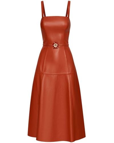 Oscar de la Renta Floral-appliqué Leather Midi Dress - Red