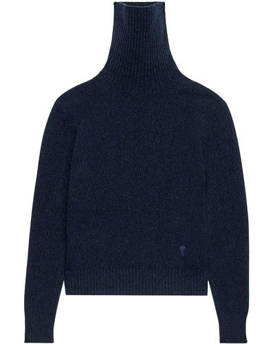 Ami Paris Melange Effect Cashmere Turtleneck Sweater - Blue