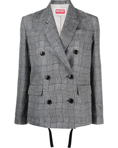 KENZO Prince Of Wales-check Double-breasted Blazer - Grey