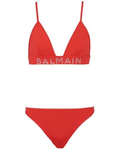 Balmain Bikini à logo orné de cristaux - Rouge