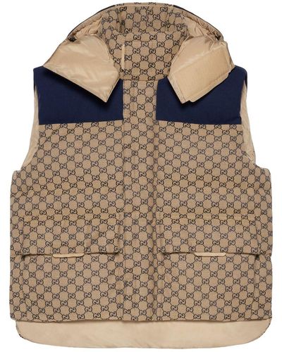 Gucci Gilet Garni De Duvet En Toile GG Avec Capuche Amovible - Marron