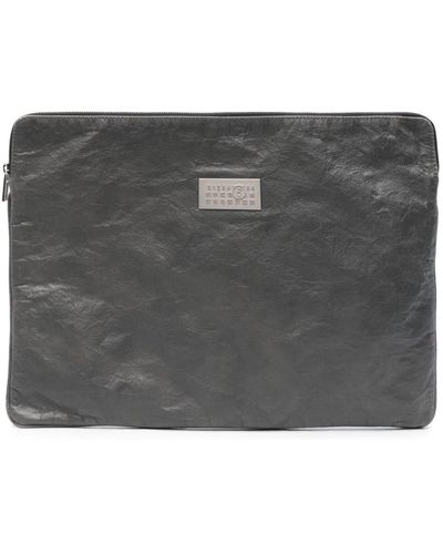 MM6 by Maison Martin Margiela Calf Leather Laptop Bag With Crinkled Effect - Black