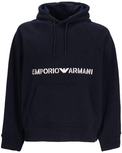 Emporio Armani Logo-embroidered Cotton Hoodie - Blue