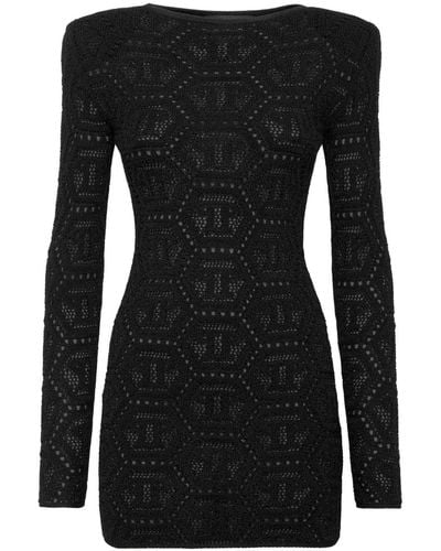 Philipp Plein Monogram-pattern Lurex-knit Minidress - Black