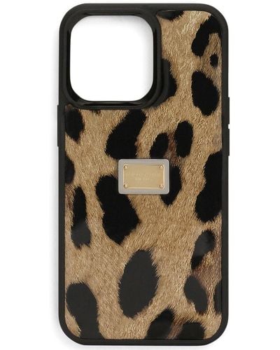 Dolce & Gabbana Coque pour iPhone 14 Pro en cuir de veau brillant à imprimé léopard - Marron