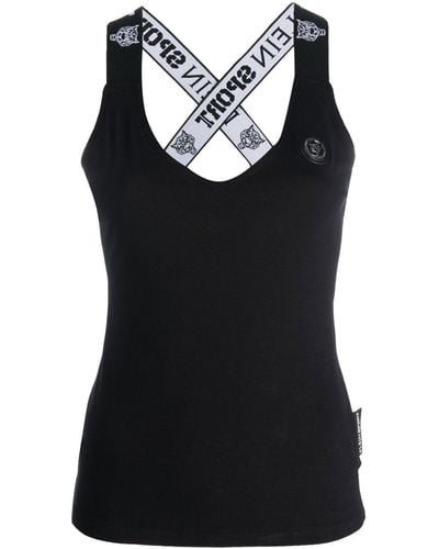 Philipp Plein Logo Strap V-neck Cotton Tank Top - Black