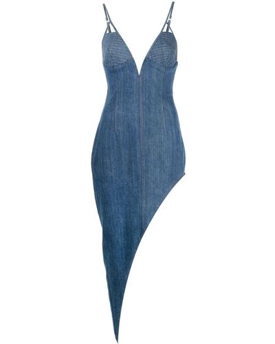 Fleur du Mal Asymmetric Washed Denim Fitted Dress - Blue