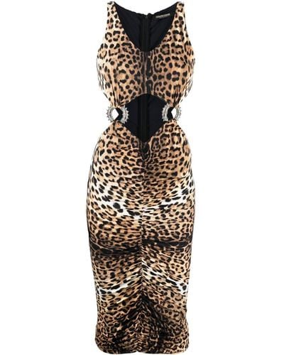 Roberto Cavalli Leopard-print Cut-out Midi Dress - Natural