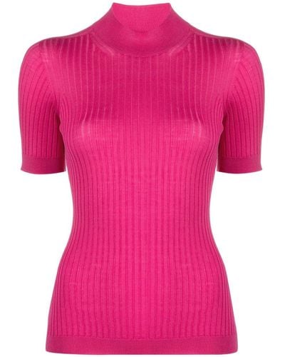 Versace Ribbed-knit Short-sleeve Top - Pink