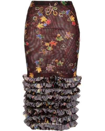 Molly Goddard Floral-print Mesh Skirt - Brown