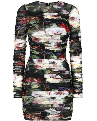 Dolce & Gabbana Black Floral Print Ruched Mini Dress