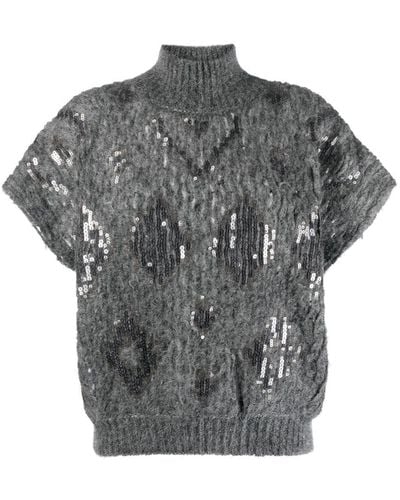 Brunello Cucinelli Pull brodé de sequins à manches courtes - Gris