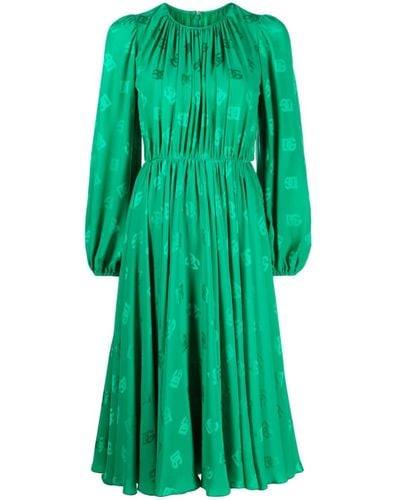 Dolce & Gabbana Logo-print Flared Silk Midi Dress - Green