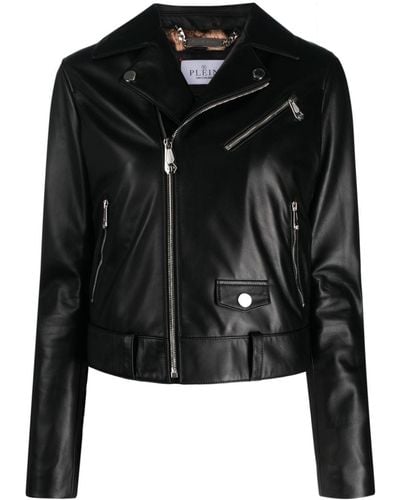 Philipp Plein Crystal-embellished Leather Biker Jacket - Black