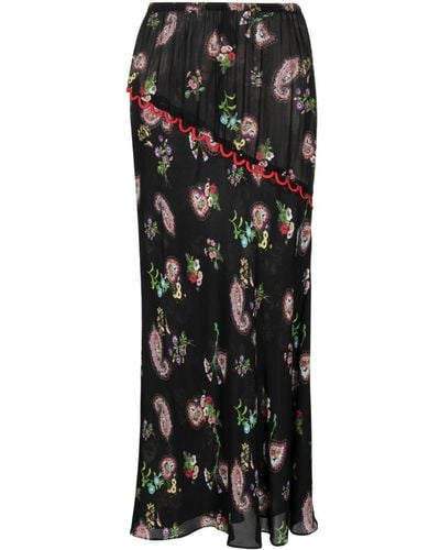 Cynthia Rowley Scallop-trim Paisley-pattern Silk Skirt - Black