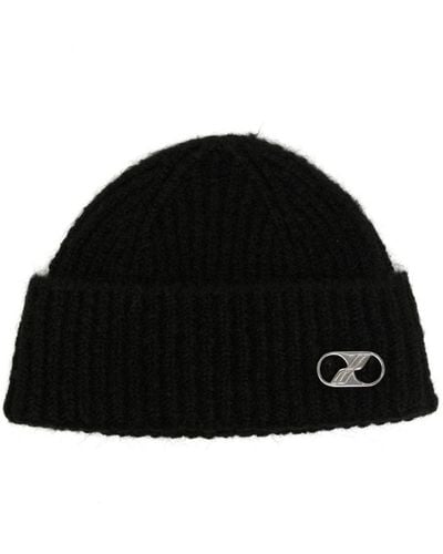 we11done Logo-plaque Ribbed-knit Beanie - Black
