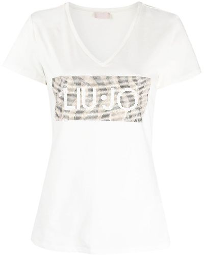 Liu Jo V-neck Rhinestone-embellished T-shirt - White