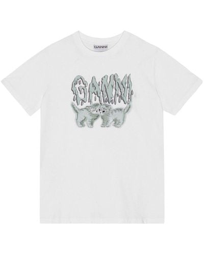 Ganni Cotton T-shirt With Logo And Cats Print - White