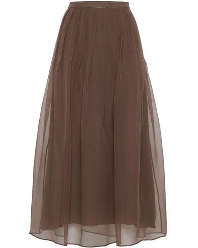 Brunello Cucinelli Pleated Silk Midi Skirt - Brown