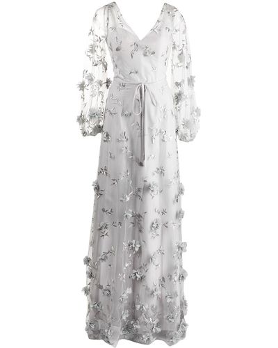 Marchesa Floral-detail Puff-sleeve Gown - Gray