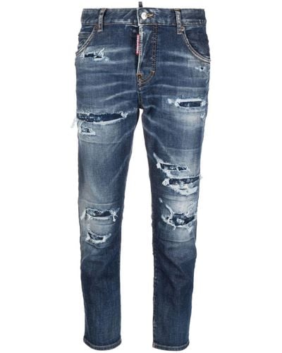 DSquared² Cropped-Jeans in Distressed-Optik - Blau
