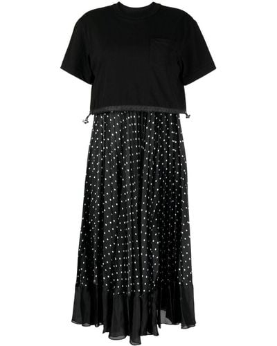 Sacai Polka Dot-print Panelled Midi Dress - Black